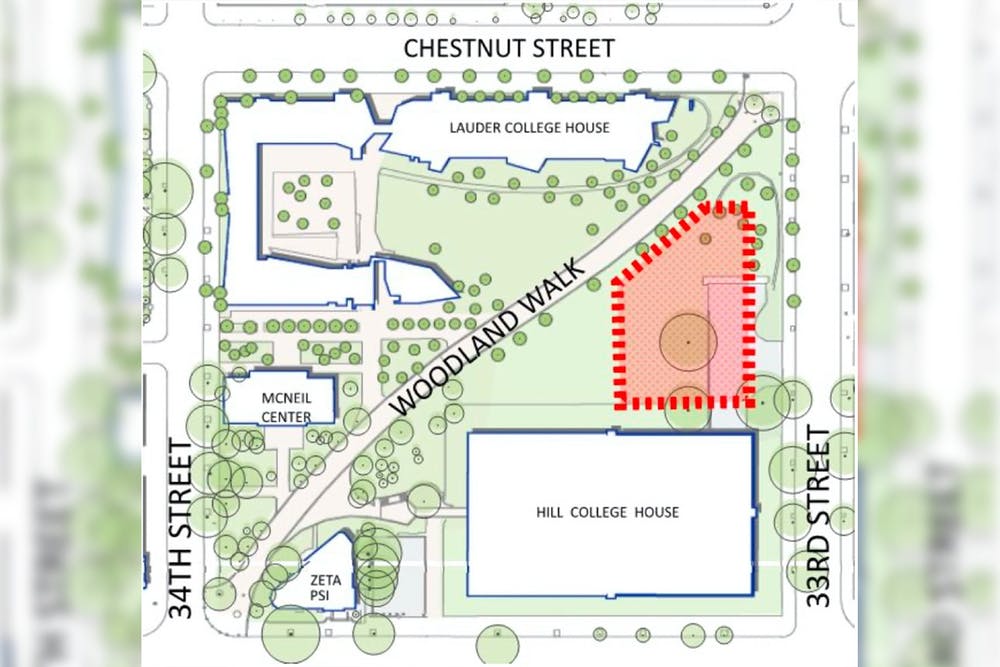 A map included alongside President Amy Gutmann's announcement of plans for a new student performing arts center showed the new center's location on 33rd Street and Woodland Walk.