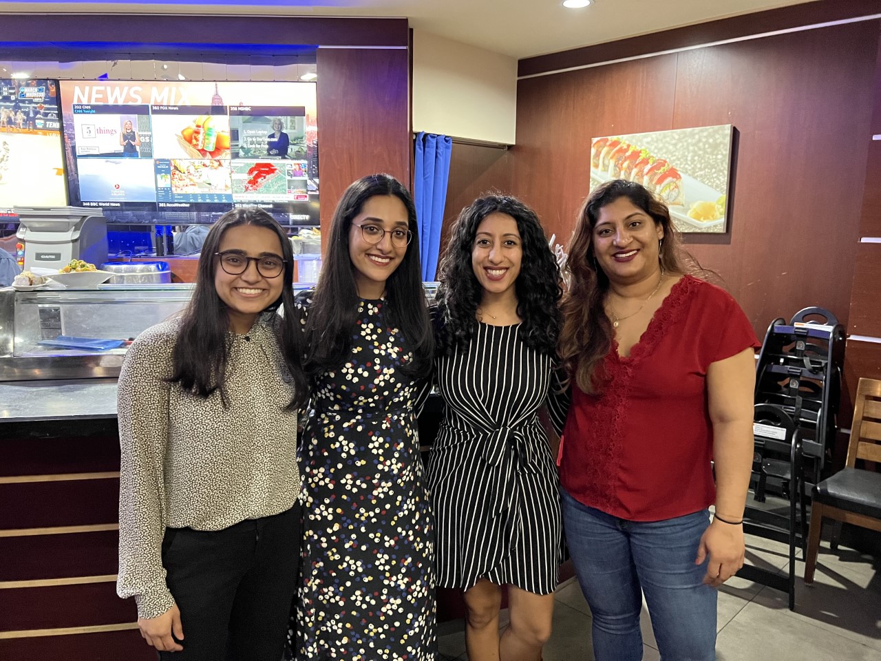 Saryu Sanghani (left), Anisa Bhatti (left center), Reema Malhotra, Associate Director Sexual Violence Prevention & Prevention at Penn (right center), and Viraj Patel, Director of Harnwell College House at Penn (right) at the NAPSA Desi meet-up
